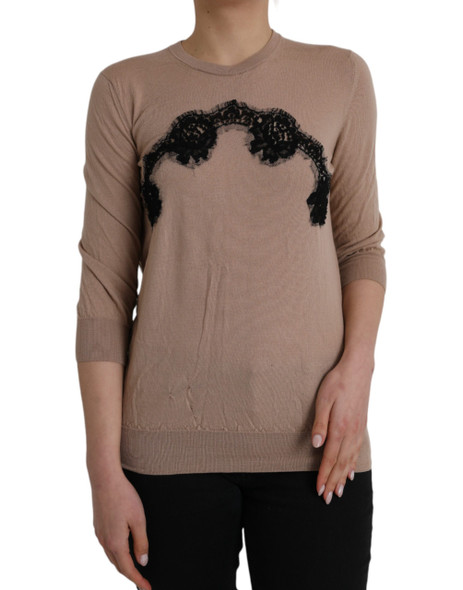 Dolce & Gabbana Brown Wool Black Lace 3/4 Sleeve Blouse Top Dolce & Gabbana Brown Wool Black Lace 3/4 Sleeve Blouse Top