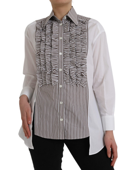 White Stripes Cotton Long Sleeves Ruffle Collar Top White Stripes Cotton Long Sleeves Ruffle Collar Top