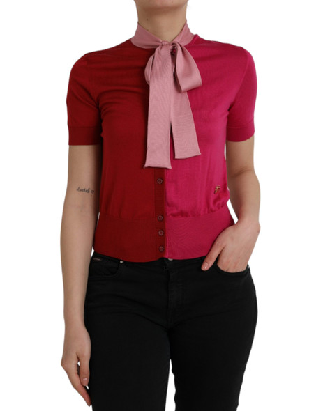 Pink Short Sleeves Pullover Ascot Collar Top Pink Short Sleeves Pullover Ascot Collar Top