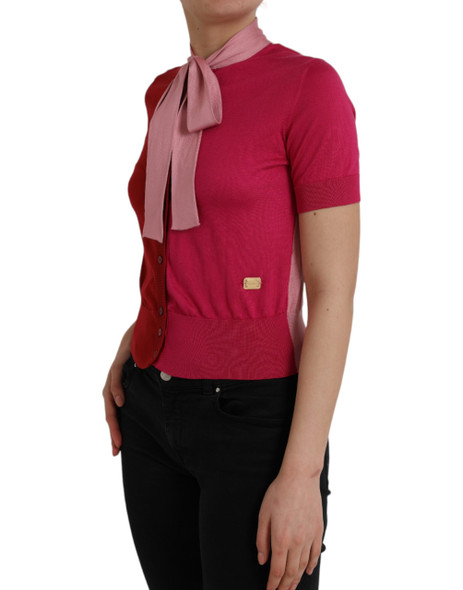 Pink Short Sleeves Pullover Ascot Collar Top Pink Short Sleeves Pullover Ascot Collar Top