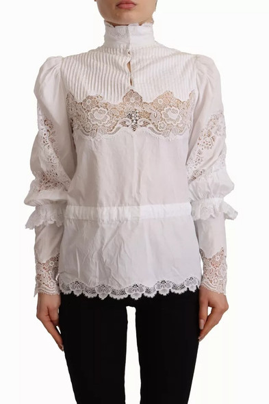 Dolce & Gabbana White Cotton Lace Trim Turtle Neck Blouse Top TSH7468 Dolce & Gabbana White Cotton Lace Trim Turtle Neck Blouse Top TSH7468