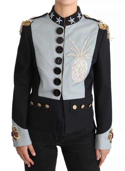 Dolce & Gabbana Blue Button Crystal Embellished Cotton Jacket Dolce & Gabbana Blue Button Crystal Embellished Cotton Jacket