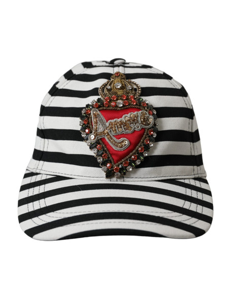 Black White Stripe Amore Heart Applique Baseball Hat Black White Stripe Amore Heart Applique Baseball Hat