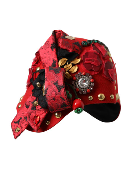 Dolce & Gabbana Red Crystal Gold Roses Brooch Embellished Hat Dolce & Gabbana Red Crystal Gold Roses Brooch Embellished Hat