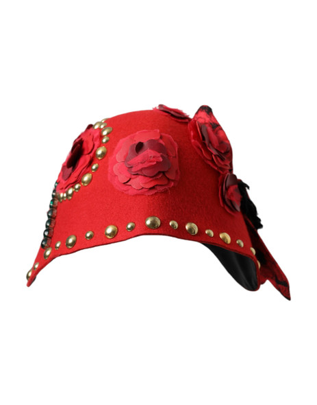 Dolce & Gabbana Red Crystal Gold Roses Brooch Embellished Hat Dolce & Gabbana Red Crystal Gold Roses Brooch Embellished Hat