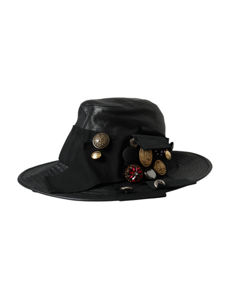 Black Leather DG Coin Crystal Wide Brim Hat HAT9636 Black Leather DG Coin Crystal Wide Brim Hat HAT9636
