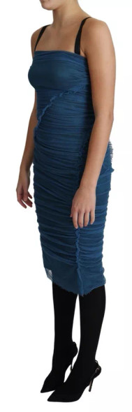 Dolce & Gabbana Blue Draped Tulle Midi Sheath Cotton Dress Dolce & Gabbana Blue Draped Tulle Midi Sheath Cotton Dress