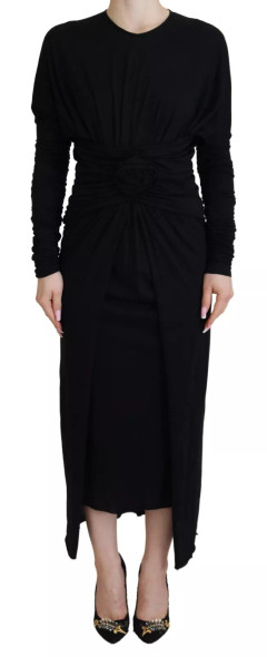 Dolce & Gabbana Black Sheath Midi Gown Wool Wrap Dress DR28808#2 Dolce & Gabbana Black Sheath Midi Gown Wool Wrap Dress DR28808#2