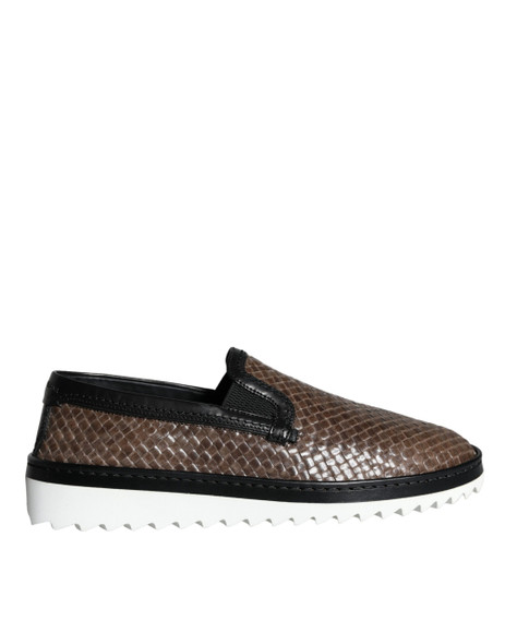 Dolce & Gabbana Brown Black Leather Weaved Men Loafers Shoes Dolce & Gabbana Brown Black Leather Weaved Men Loafers Shoes