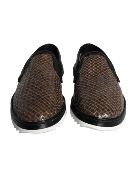 Dolce & Gabbana Brown Black Leather Weaved Men Loafers Shoes Dolce & Gabbana Brown Black Leather Weaved Men Loafers Shoes