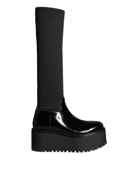 Black Leather Jersey Knee High Boots Shoes Black Leather Jersey Knee High Boots Shoes