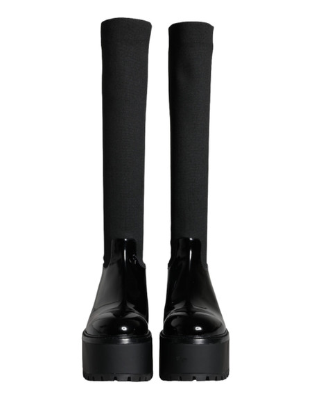 Black Leather Jersey Knee High Boots Shoes Black Leather Jersey Knee High Boots Shoes