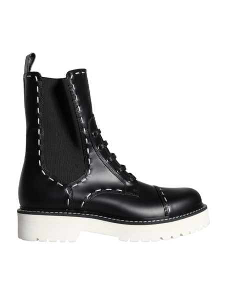 Black Leather Combat Mid Calf Boots Shoes Black Leather Combat Mid Calf Boots Shoes