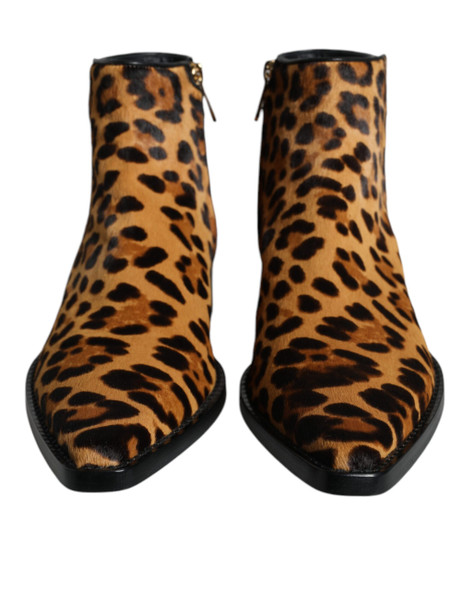 Dolce & Gabbana Brown Leopard Calf Fur Ankle Boots Shoes Dolce & Gabbana Brown Leopard Calf Fur Ankle Boots Shoes