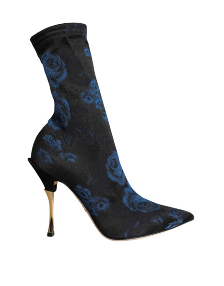 Black Floral Stretch Mid Calf Boots Shoes Black Floral Stretch Mid Calf Boots Shoes