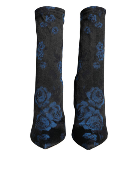 Black Floral Stretch Mid Calf Boots Shoes Black Floral Stretch Mid Calf Boots Shoes