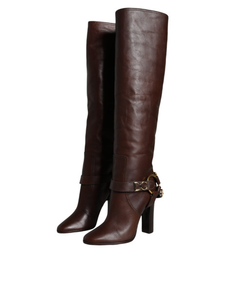 Brown Leather Gold Tone Logo High Boots Shoes Brown Leather Gold Tone Logo High Boots Shoes