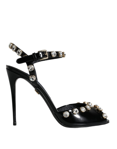 Black Leather Crystal Ankle Strap Sandals Shoes Black Leather Crystal Ankle Strap Sandals Shoes