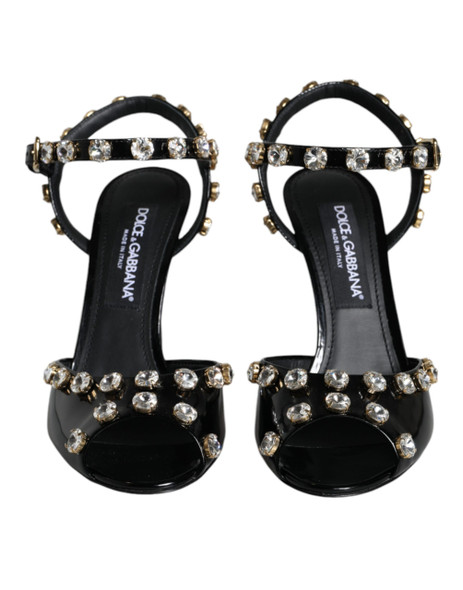 Black Leather Crystal Ankle Strap Sandals Shoes Black Leather Crystal Ankle Strap Sandals Shoes