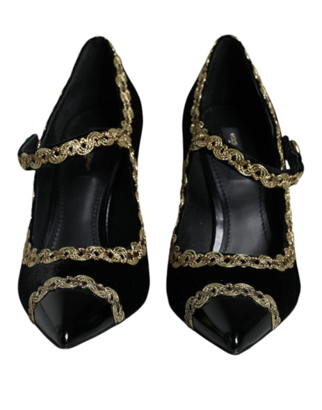 Dolce & Gabbana Black Mary Janes Velvet Gold Pumps Shoes Dolce & Gabbana Black Mary Janes Velvet Gold Pumps Shoes