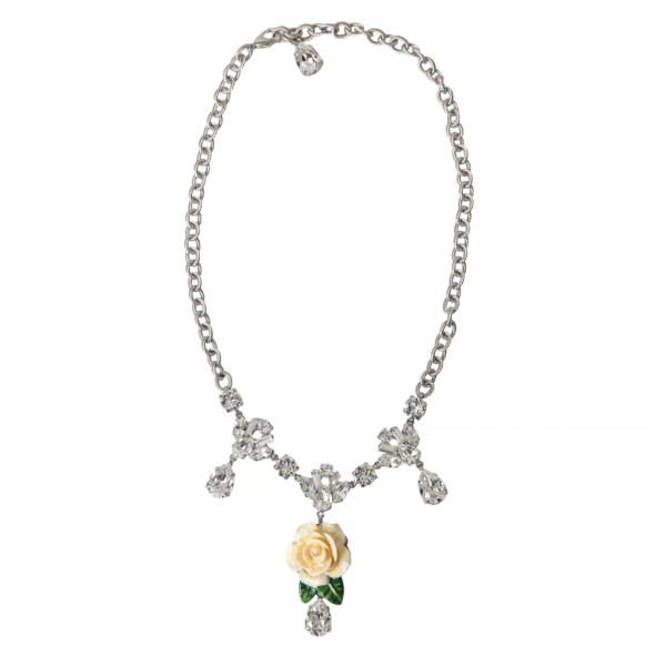 Silver Brass Clear Crystal Roses Pendants Necklace Silver Brass Clear Crystal Roses Pendants Necklace