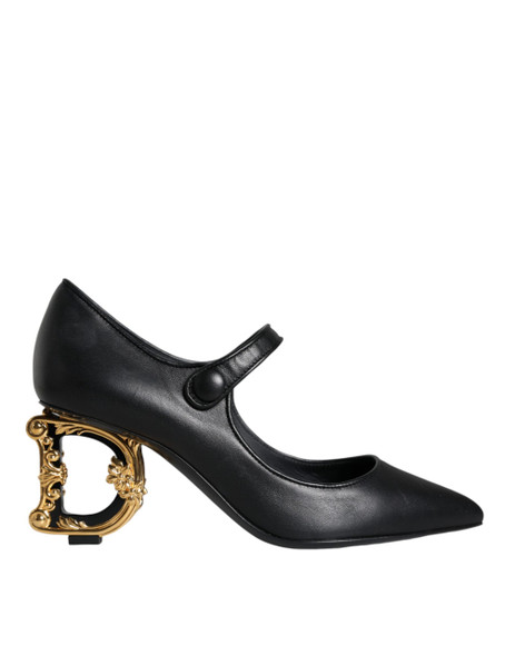 Black Leather Logo Heels Mary Janes Pumps Shoes LA11610 Black Leather Logo Heels Mary Janes Pumps Shoes LA11610