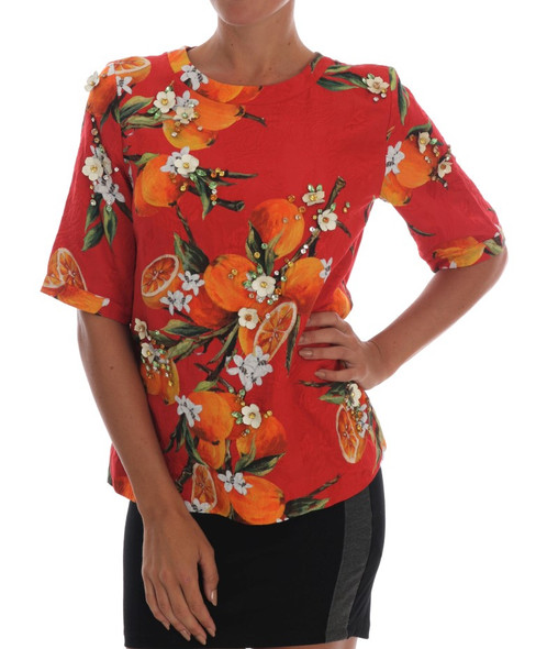 Orange Print Crystal-Embellished Blouse Orange Print Crystal-Embellished Blouse
