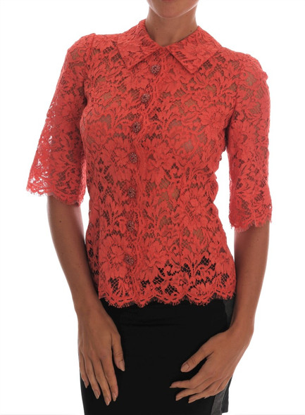 Dolce & Gabbana Orange Crystal Buttons Floral Lace Blouse Dolce & Gabbana Orange Crystal Buttons Floral Lace Blouse
