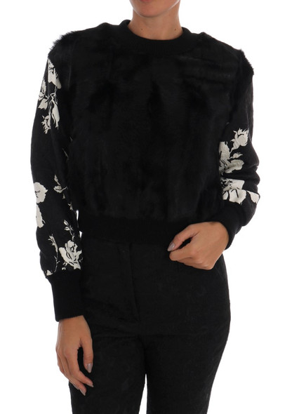 Dolce & Gabbana Black Fur Floral Brocade Zipper Sweater Dolce & Gabbana Black Fur Floral Brocade Zipper Sweater