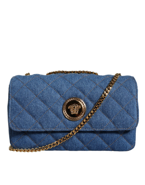 Versace Blue Quilted Denim Leather Crossbody Shoulder Bag Versace Blue Quilted Denim Leather Crossbody Shoulder Bag