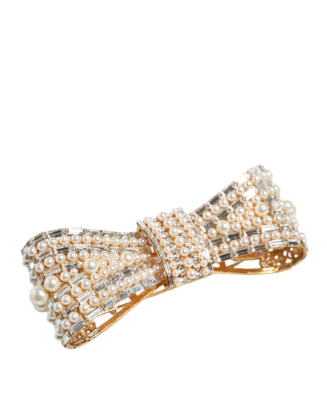 Gold Tone Brass Bow Crystal FauxPearl Embellished Brooch Gold Tone Brass Bow Crystal FauxPearl Embellished Brooch