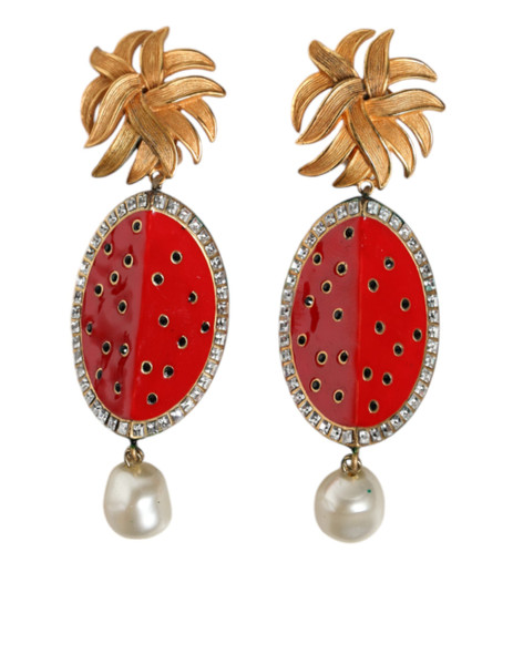 Red Watermelon Gold Brass Crystal Clip Dangling Earrings Red Watermelon Gold Brass Crystal Clip Dangling Earrings