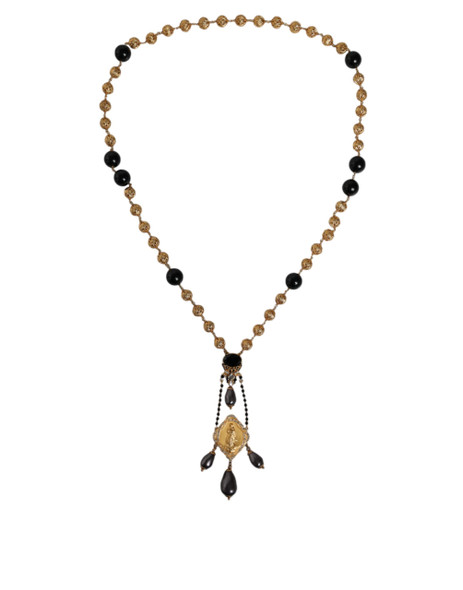 Gold Chain Brass Black Beaded Rosary Style Necklace Gold Chain Brass Black Beaded Rosary Style Necklace