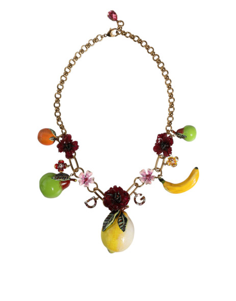 Dolce & Gabbana Gold Brass FRUIT Pendants Flowers Crystal Logo Necklace Dolce & Gabbana Gold Brass FRUIT Pendants Flowers Crystal Logo Necklace