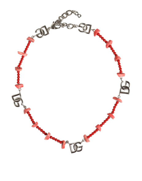 Silver Tone Brass Beaded Resin DG Logo Chain Necklace Silver Tone Brass Beaded Resin DG Logo Chain Necklace