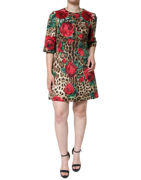 Brown Leopard Red Roses Cotton A-line Dress Brown Leopard Red Roses Cotton A-line Dress