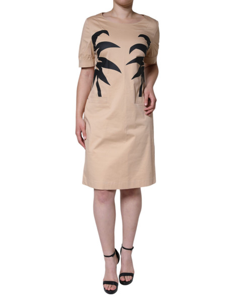 Beige Cotton Short Sleeve Knee Length Dress Beige Cotton Short Sleeve Knee Length Dress