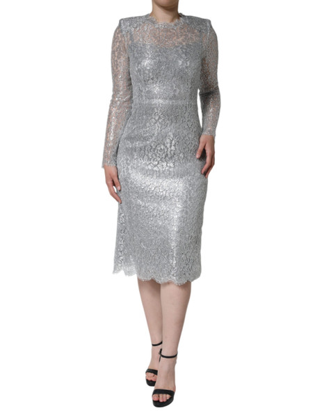 Dolce & Gabbana Silver Floral Lace Bodycon Sheath Midi Dress Dolce & Gabbana Silver Floral Lace Bodycon Sheath Midi Dress