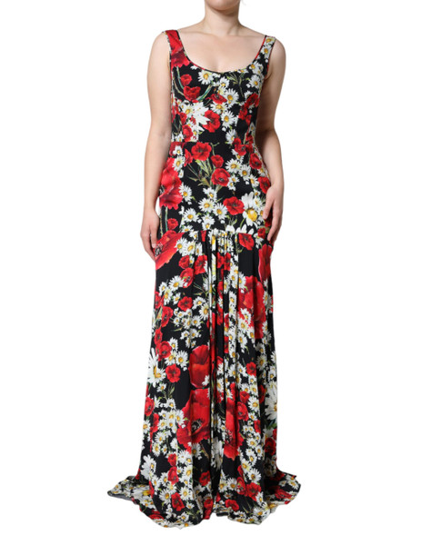 Black Floral Silk Sleeveless Long Gown Dress Black Floral Silk Sleeveless Long Gown Dress