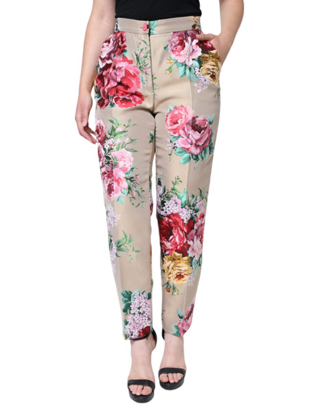 Dolce & Gabbana Beige Floral Jacquard High Waist Tapered Pants Dolce & Gabbana Beige Floral Jacquard High Waist Tapered Pants