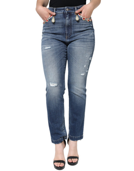Dark Blue Cotton Tattered Skinny Denim Jeans Dark Blue Cotton Tattered Skinny Denim Jeans