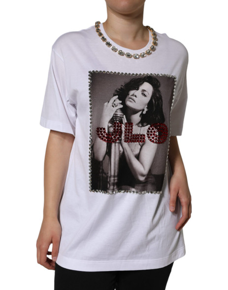 White Crystal Neckline Embellished Printed T-shirt White Crystal Neckline Embellished Printed T-shirt