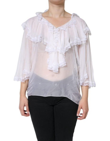 Dolce & Gabbana White Ruffles Lace Long Sleeve Blouse Top Dolce & Gabbana White Ruffles Lace Long Sleeve Blouse Top
