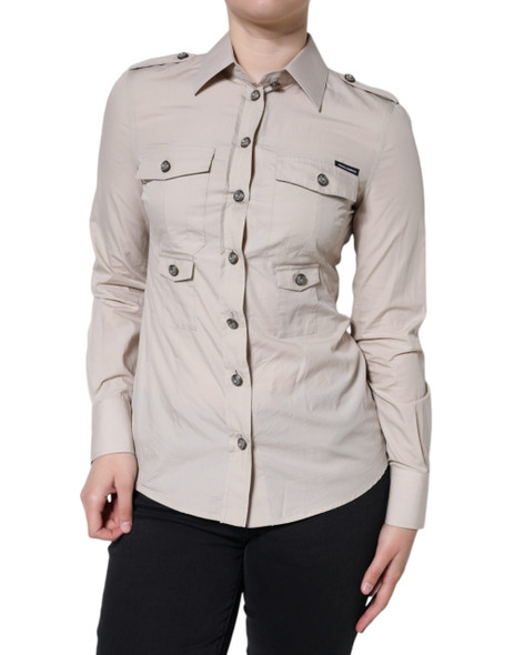 Beige Cotton Collared Button Down Shirt Top Beige Cotton Collared Button Down Shirt Top