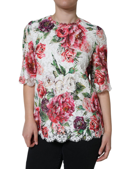 Dolce & Gabbana White Peony Lace Short Sleeves Blouse Top Dolce & Gabbana White Peony Lace Short Sleeves Blouse Top