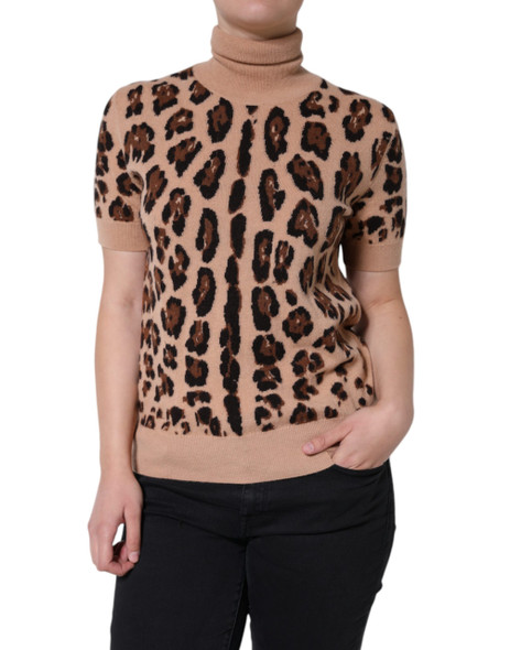 Beige Leopard Print Wool Turtleneck Top TSH86593 Beige Leopard Print Wool Turtleneck Top TSH86593