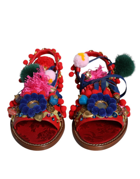 Dolce & Gabbana Multicolor Pom Pom Fur Wrap Sandals Shoes LA11659 Dolce & Gabbana Multicolor Pom Pom Fur Wrap Sandals Shoes LA11659