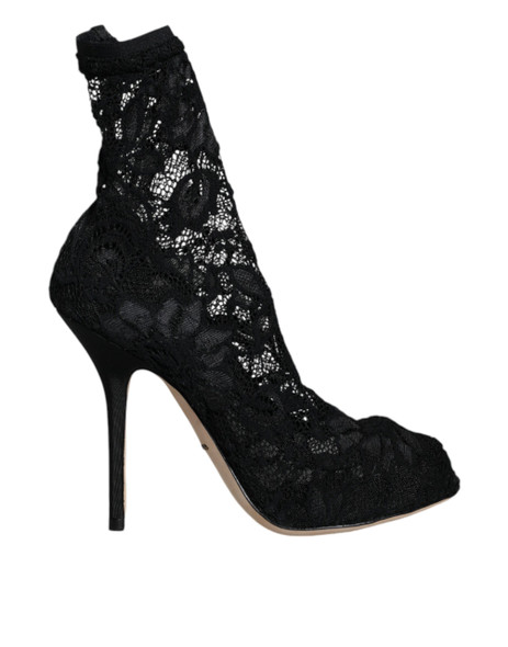 Black Lace Stretch Heels Mid Calf Boot Shoes Black Lace Stretch Heels Mid Calf Boot Shoes