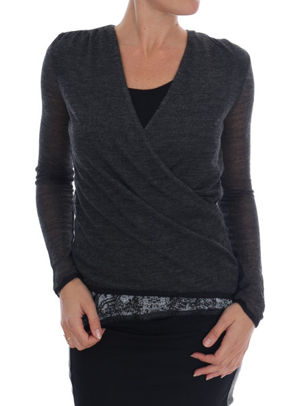 Ermanno Scervino Gray Wool Lace Top Long Sleeved T-shirt Ermanno Scervino Gray Wool Lace Top Long Sleeved T-shirt