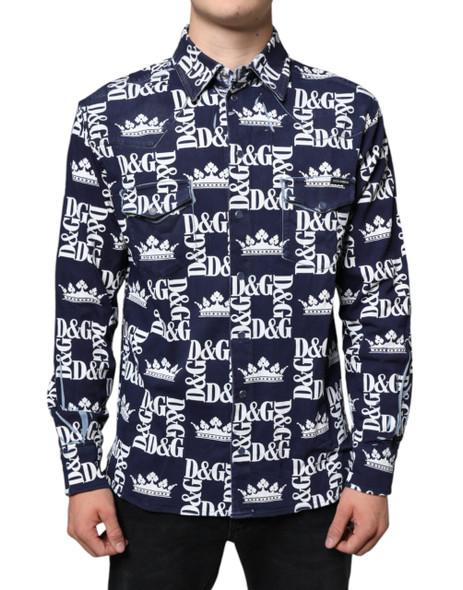 Blue Crown Logo Print Slim Fit Cotton Shirt Blue Crown Logo Print Slim Fit Cotton Shirt